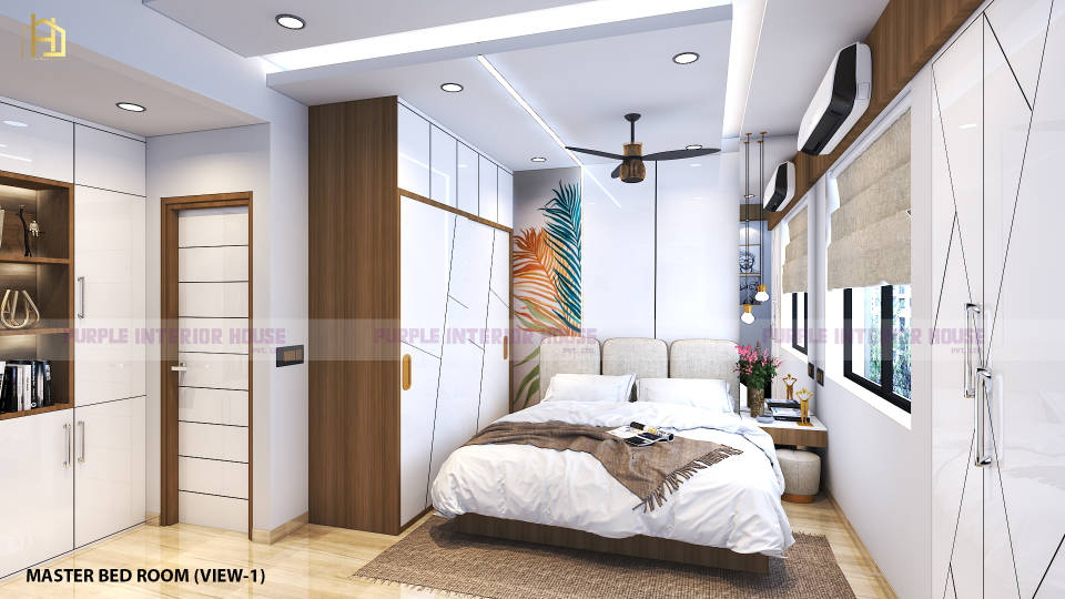purple interior design for master bedroom of joka project